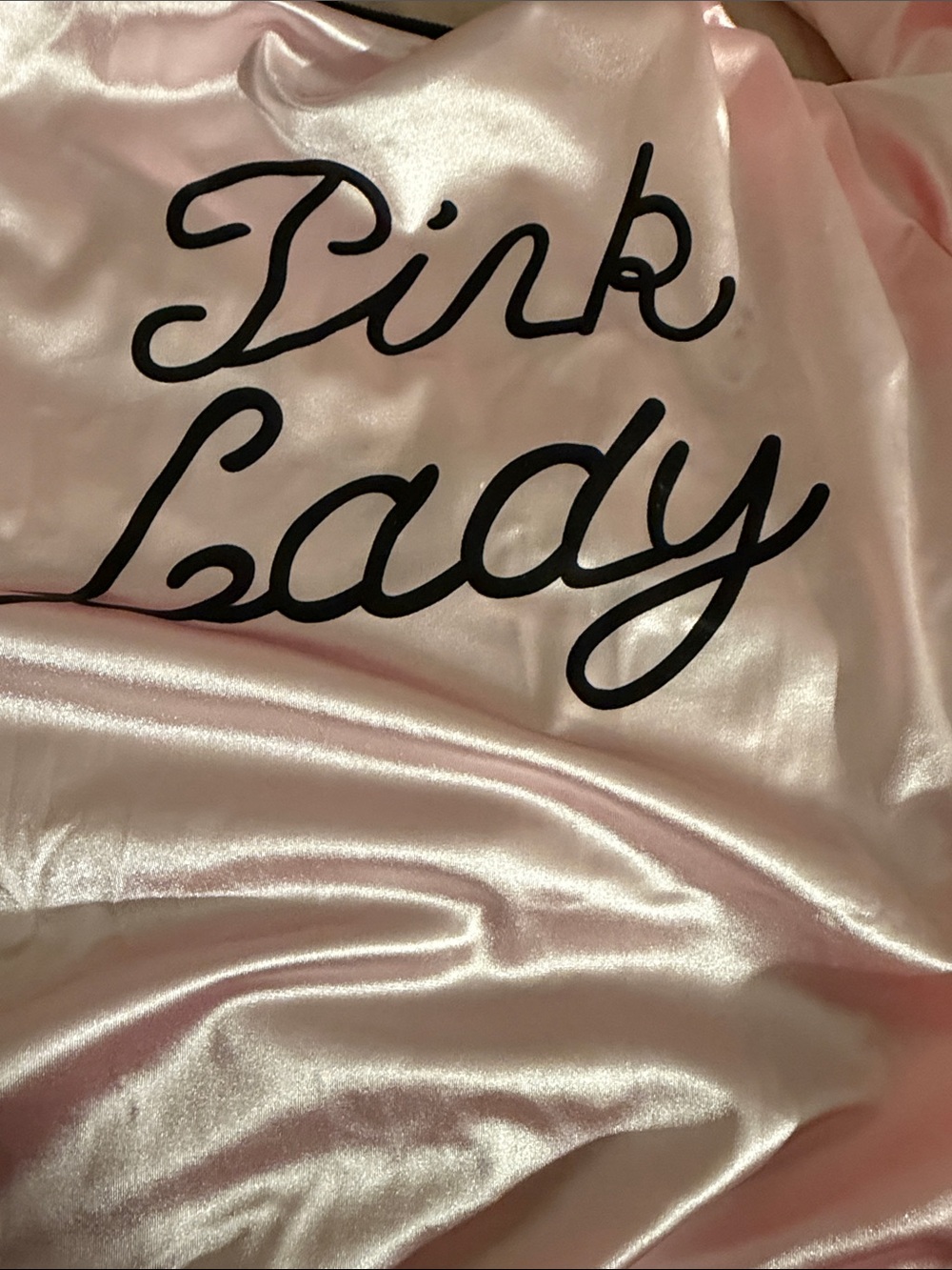 Pink Satin Bomber Jacket with 'Pink Lady' Script
